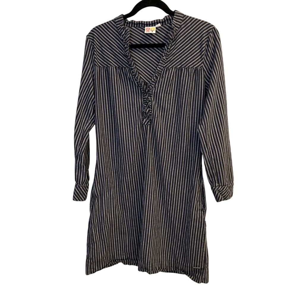 ROXY Striped Navy White Ruffle Neck Long Sleeve Coastal Cowgirl Tunic Dress XL